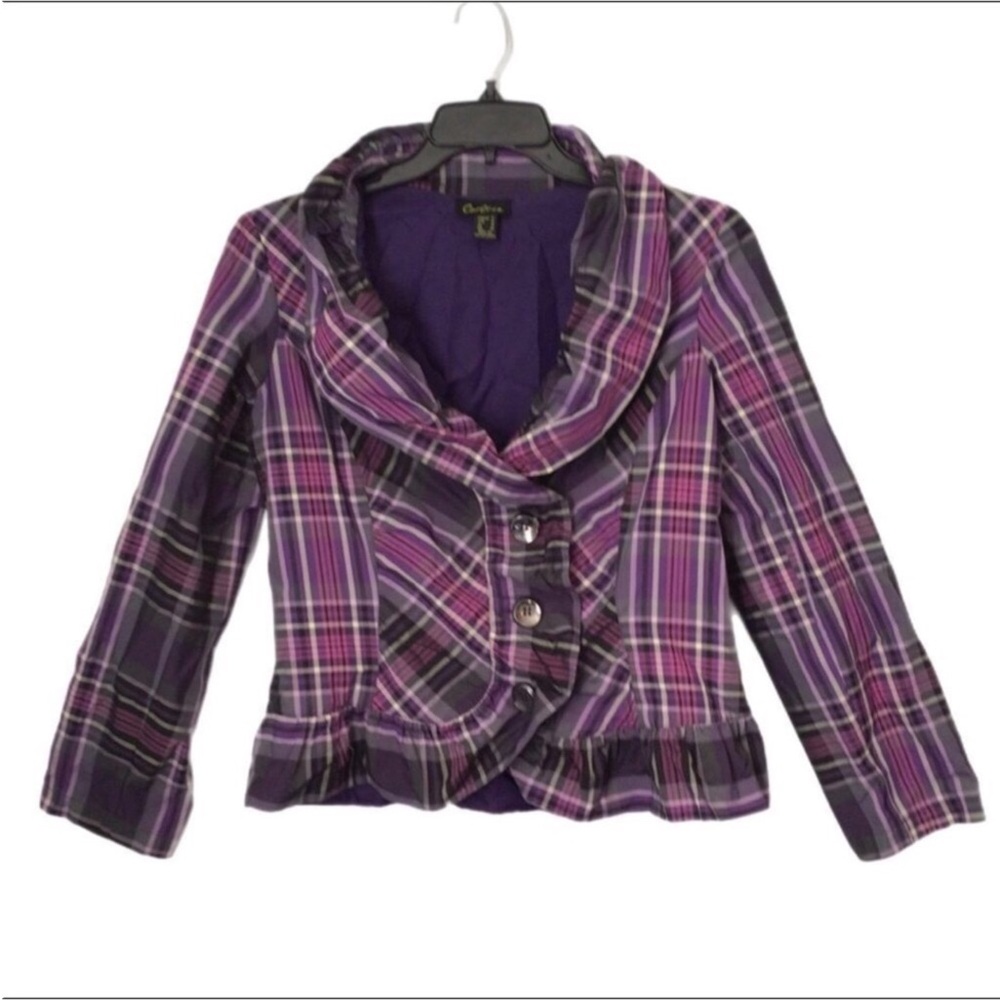 Cartise Woman’s Plaid Purple, White & Black Striped Jacket. Size 10.